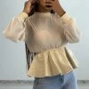 Blouse Bi-matière Beige En Tulle Plissée Et Simiili Cuir Effet Bouffant