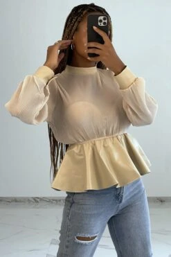 Blouse Bi-matière Beige En Tulle Plissée Et Simiili Cuir Effet Bouffant