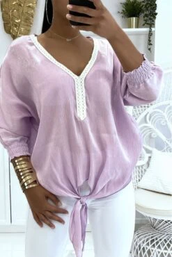 Blouse Lilas Couleur Unie Avec Léger Reflet Brillant Manches Longues élastiques Au Poignet