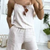 Combi-short Beige En Coton Avec Lacet Au Bretelle Et Noeud Au Col