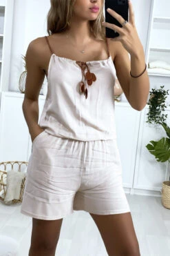 Combi-short Beige En Coton Avec Lacet Au Bretelle Et Noeud Au Col