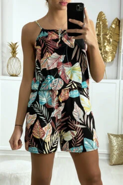 Combi-short Noir Motif Feuille En Coton Avec Lacet Au Bretelle