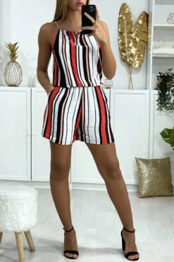 Combi-short Rayé Rose Blanc Noir En Coton Avec Lacet Au Bretelle