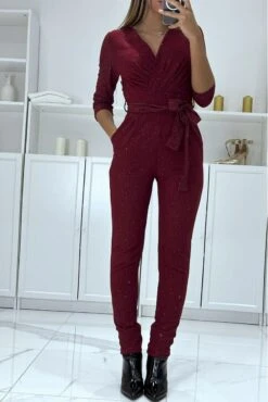 Combinaison Bordeaux De Soirée à Rayure Argenté Et Col Cache Cœur