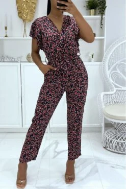 Combinaison Marine Motif Fleuris Très Chic Avec Poches Et Ceinture