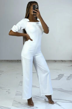 Combinaison Pantalon Blanche à Col Carré Et épaulettes Bouffantes