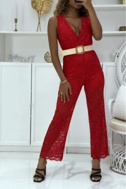 Combinaison Pantalon Rouge En Dentelle Doublé Vendu Sans La Ceinture