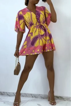 Combishort Fluide Et Satinée Lila à Motif Estival Tricolor