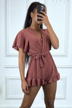 Combishort Rose Foncée En Voilage à Volant