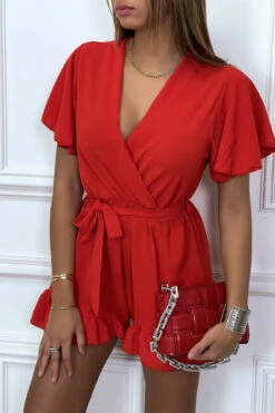 Combishort Rouge En Voilage Ă Volant