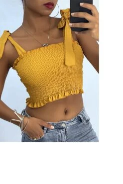 Crop Top Bustier Froncé Moutarde Avec Bretelle à Nouer