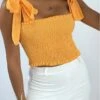 Crop Top Bustier Froncé Orange Avec Bretelle à Nouer