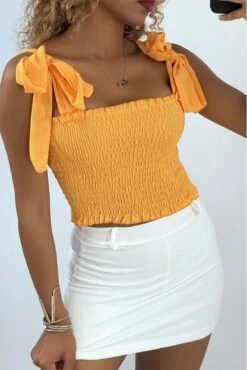 Crop Top Bustier Froncé Orange Avec Bretelle à Nouer