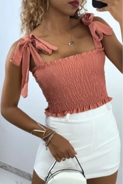 Crop Top Bustier Froncé Rose Foncé Avec Bretelle à Nouer