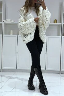 Gilet Blanc Over Size Ă Grosse Maille, Fait Ă La Main