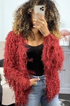 Gilet Bordeaux Ă Longue Frange Effet Mouton