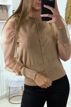 Gilet Camel Ă Manches Transparentes En Tulle