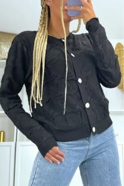 Gilet Chic Noir Ă Boutons Perle Style Vintage