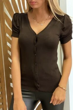 Gilet En Maille Tricot Marron Manche Bouffante Très Doux Et Extensible