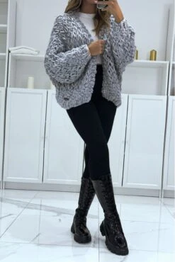 Gilet Gris Over Size Ă Grosse Maille, Fait Ă La Main
