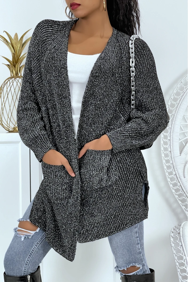 Gilet Mi-long Noir Argenté Pailleté Fendu Sur Les Côtés En Mailles Avec Manches Bouffantes – Image 5