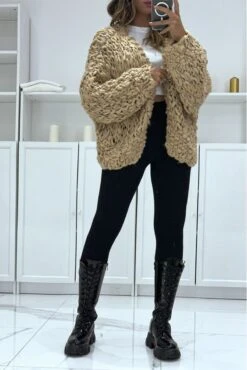 Gilet Taupe Over Size Ă Grosse Maille, Fait Ă La Main