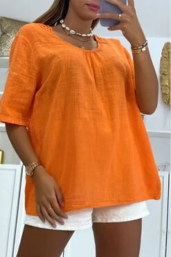 Haut Ample En Coton Orange Avec Magnifique Dentelle Au Dos Et Col Rond