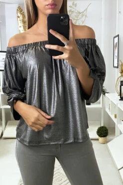 Haut Argenté Col Bateaux Avec Noeud Aux Manches