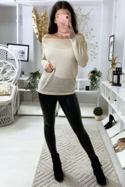 Haut Beige Col Bateau Avec élastique Et Matière Pailleté