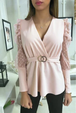 Haut Croisé En Rose Avec Boucle Et Manches Bouffantes