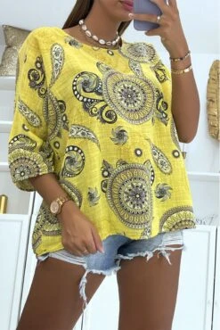 Haut Jaune Ample Et Long à Imprimé Rosace Manches Mi-longues Et Col Rond