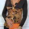 Haut Marron à Motif Orange Avec Boutons Dorée Et Fronce