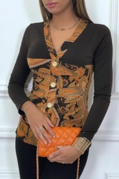 Haut Marron à Motif Orange Avec Boutons Dorée Et Fronce