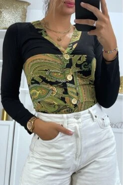 Haut Noir à Motif Vert Avec Boutons Dorée Et Fronce