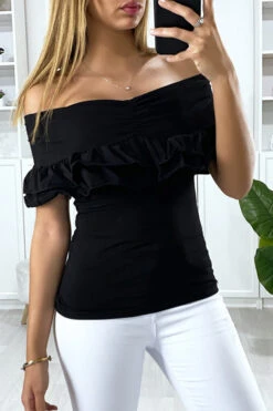 Haut Noir Col Bateau à Revers Avec Froufrou