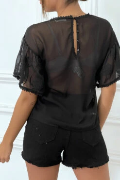 Haut Noir Transparent En Voile Et Broderie Motif Floral