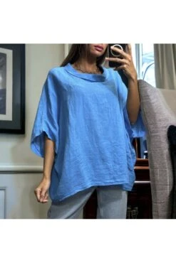 Haut Over Size Bleu En 100% Lin En Col Rond