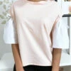 Haut Rose Bi-matière Avec Manche Bouffante Dénudé