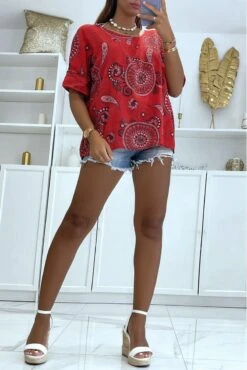 Haut Rouge Ample Et Long à Imprimé Rosace Manches Mi-longues Et Col Rond