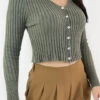 Joli Gilet Kaki Côtelé Court Avec Boutons Brillants