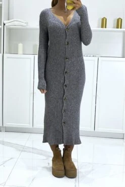 Long Gilet Anthracite Côtelé à Fine Maille Et Col V