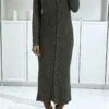 Long Gilet Kaki Côtelé à Fine Maille Et Col V