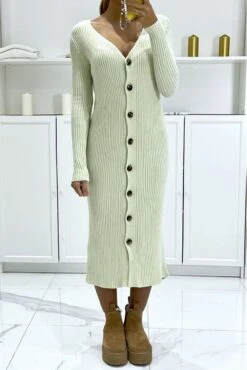 Long Gilet Vert D'eau Côtelé à Fine Maille Et Col V