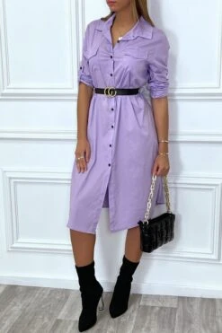 Longue Robe Chemise Lila Avec Poches Ceinture Et Fente