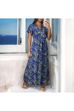 Longue Robe Croisé Motif Fleuris Royal