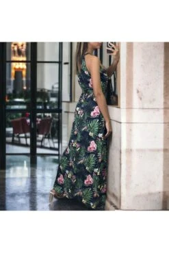 Longue Robe Motif Feuilles Marine Et Vert Avec Ceinture