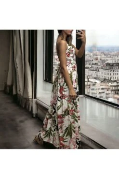 Longue Robe Motif Fleuris Blanc Bretelles Amovible