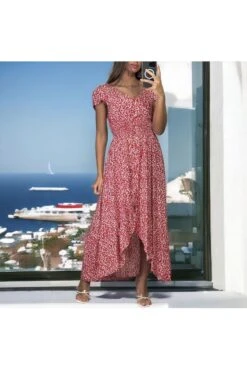 Longue Robe Motif Liberty Rouge Avec Fronce à La Taille