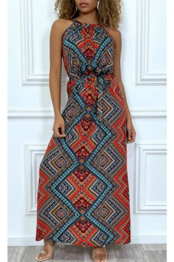 Longue Robe Rouge Motif Aztèque