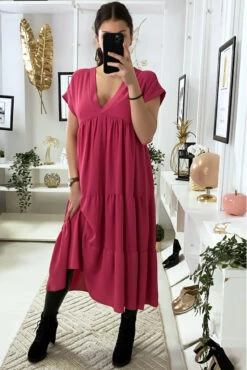 Longue Robe Tunique Col V à Volant En Fuchsia